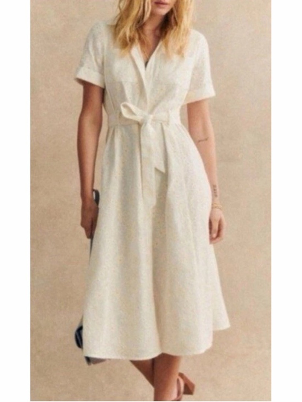 Sezane Adele dress White Tie-Waist embroidered Midi Dress